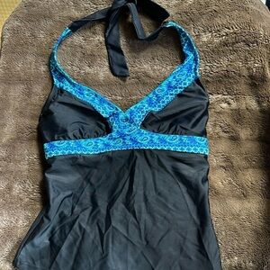 ATHLETA Halter Black/Blue Tankini Top Sz 33 D/DD